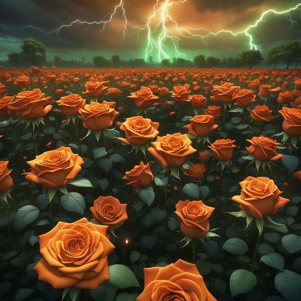 Orange and Green Roses Field with Lightning