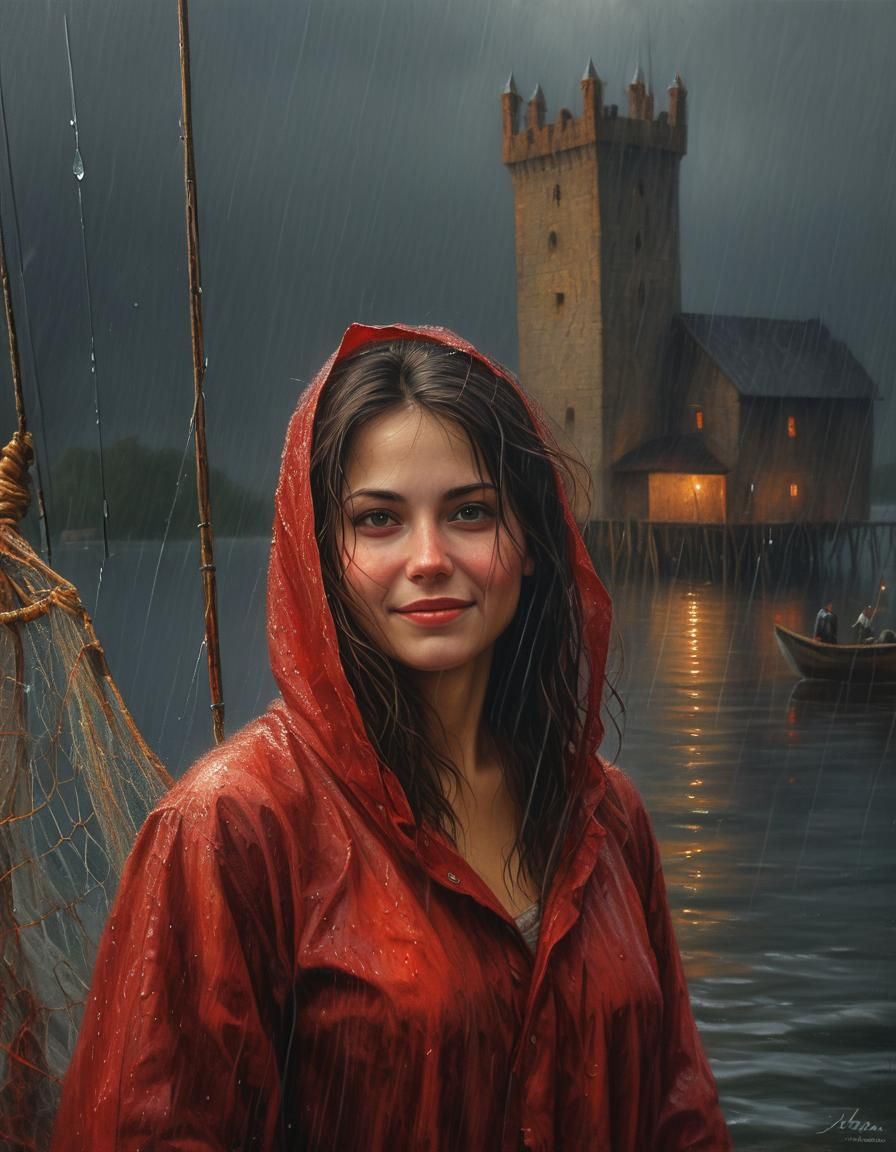 Renaissance Woman in Rain: A Chiaroscuro Oil Painting