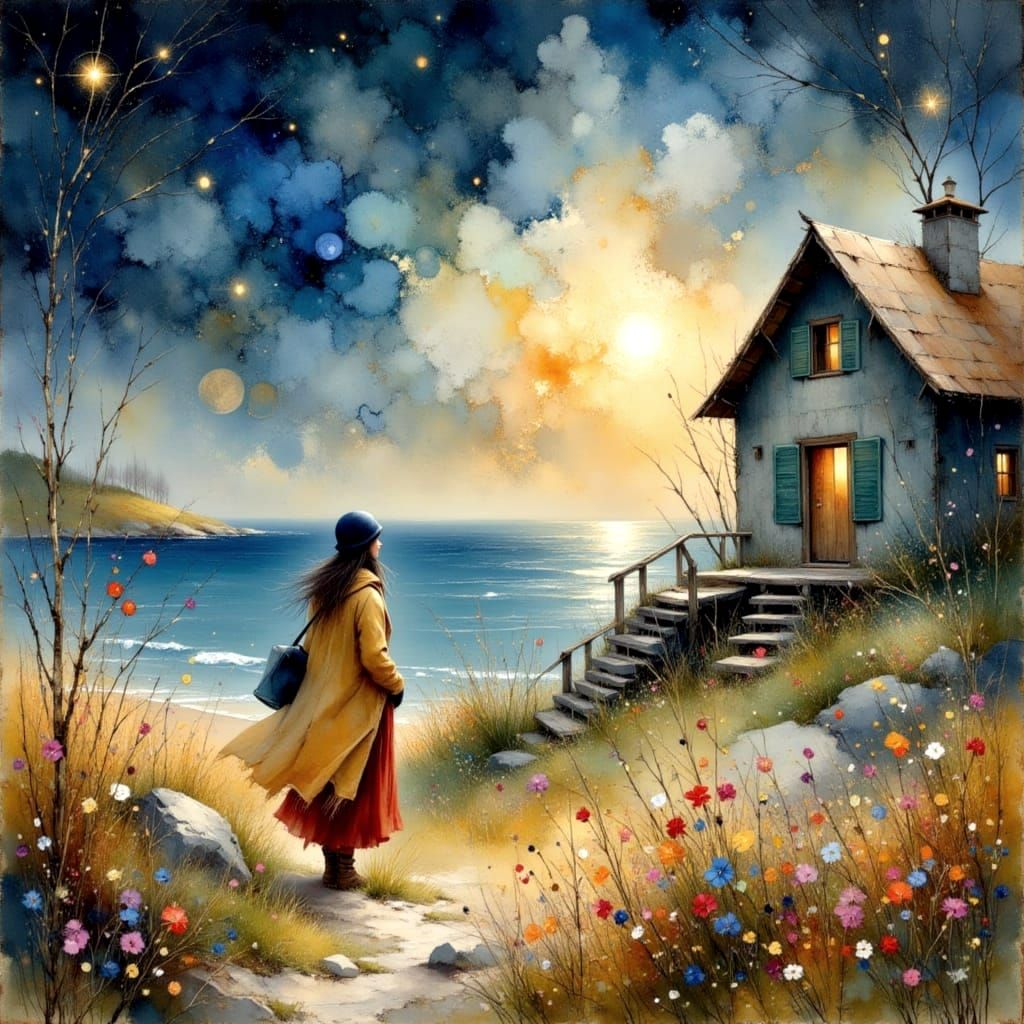 Old House Seaside Portrait in Impressionistic Watercolor