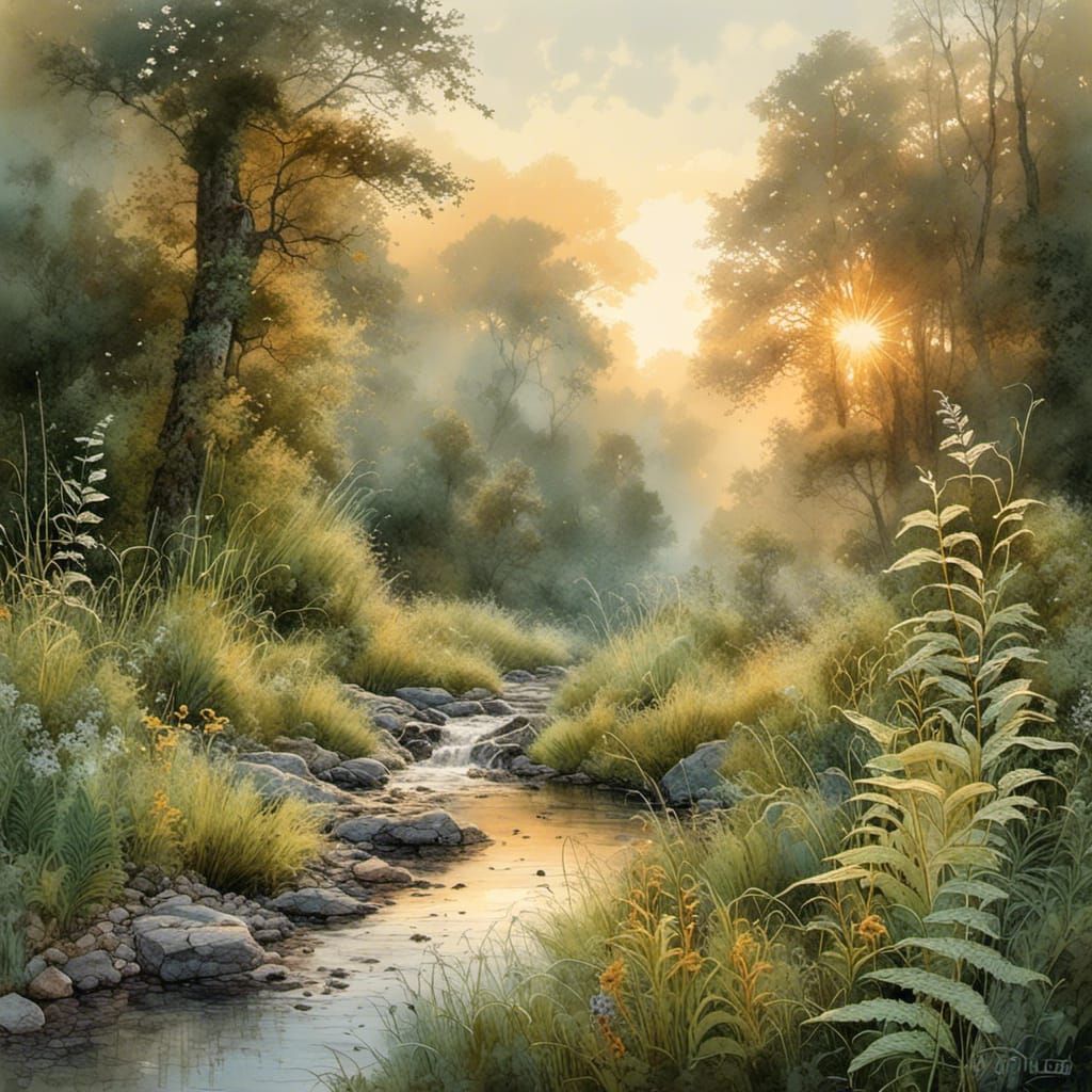 Stonybrook Creek: Watercolor Sunrise with Ink Details