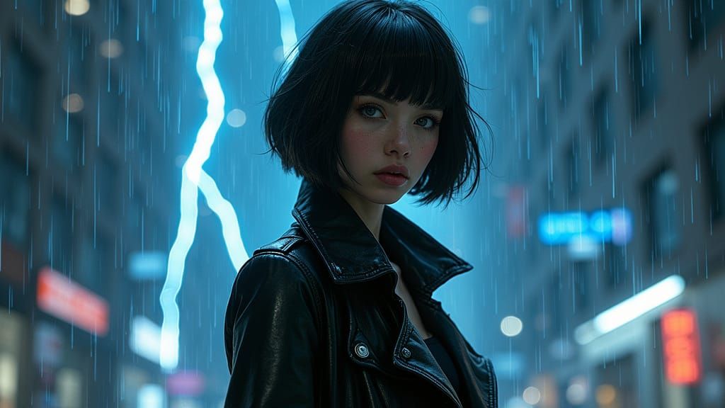Cyberpunk Woman Defies the Storm