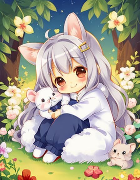 Chibi Girl Holding Sleeping Chinchilla