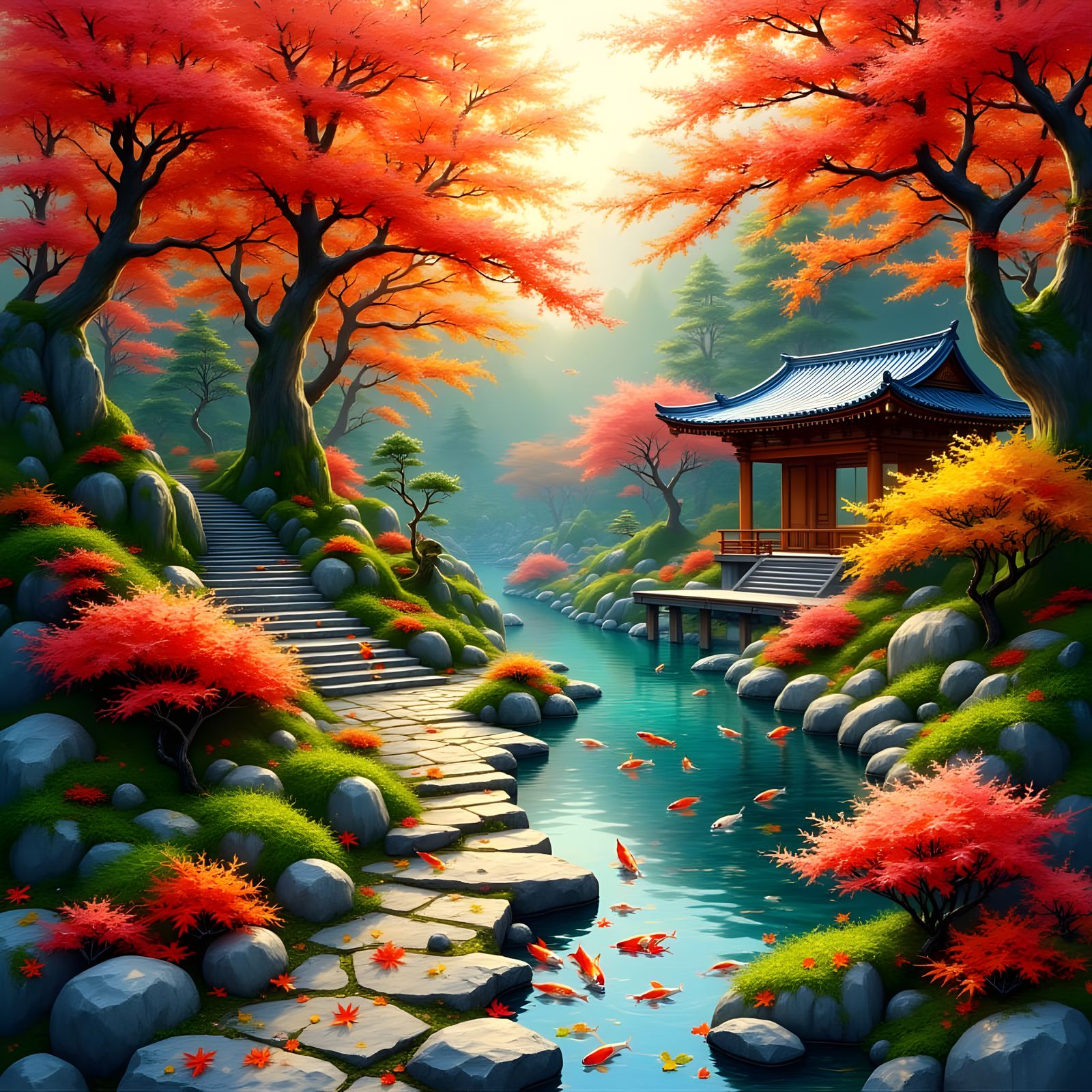 Impressionistic Japanese Garden in Autumn