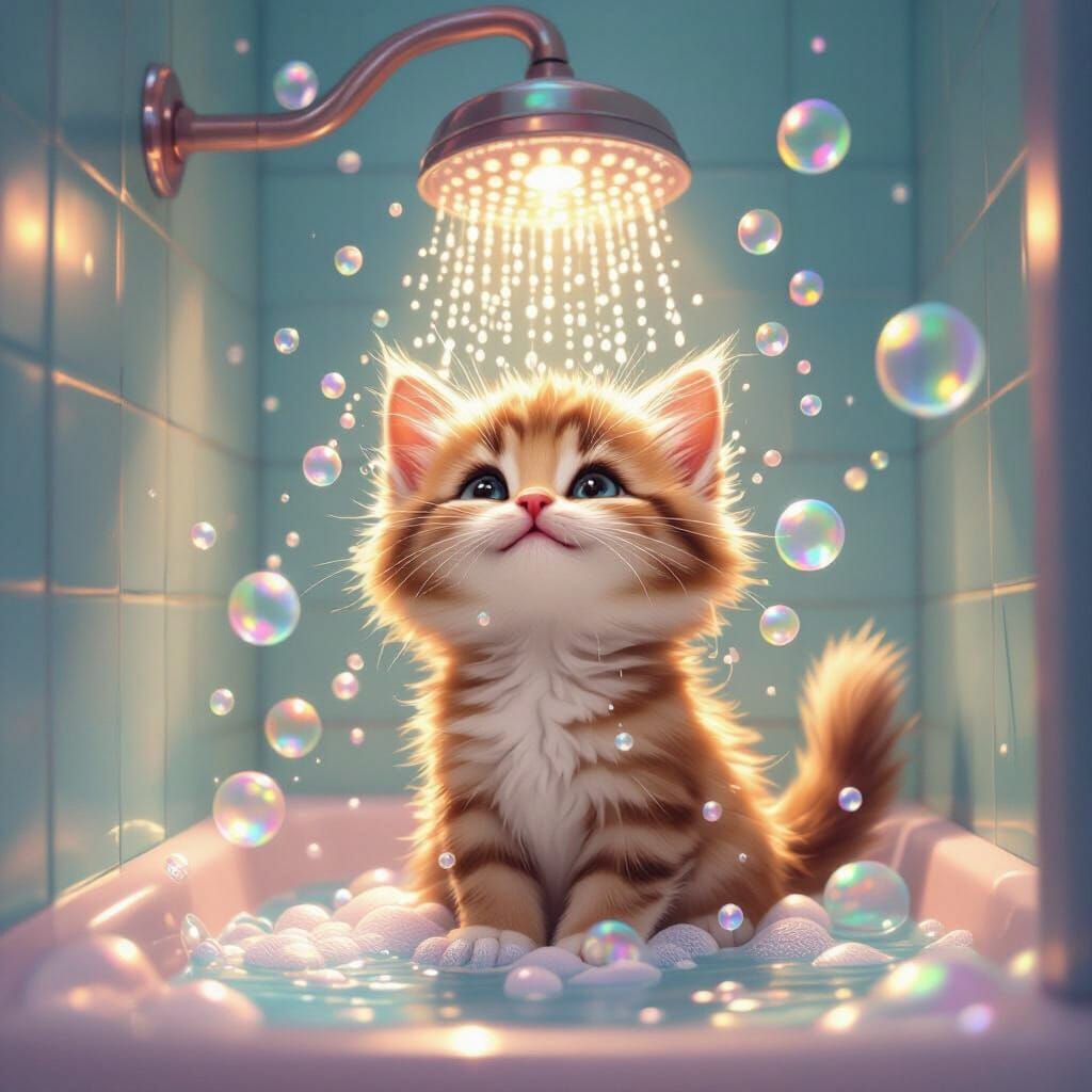 Playful Kitten Showers in Pastel Bathroom with Iridescent Bu...