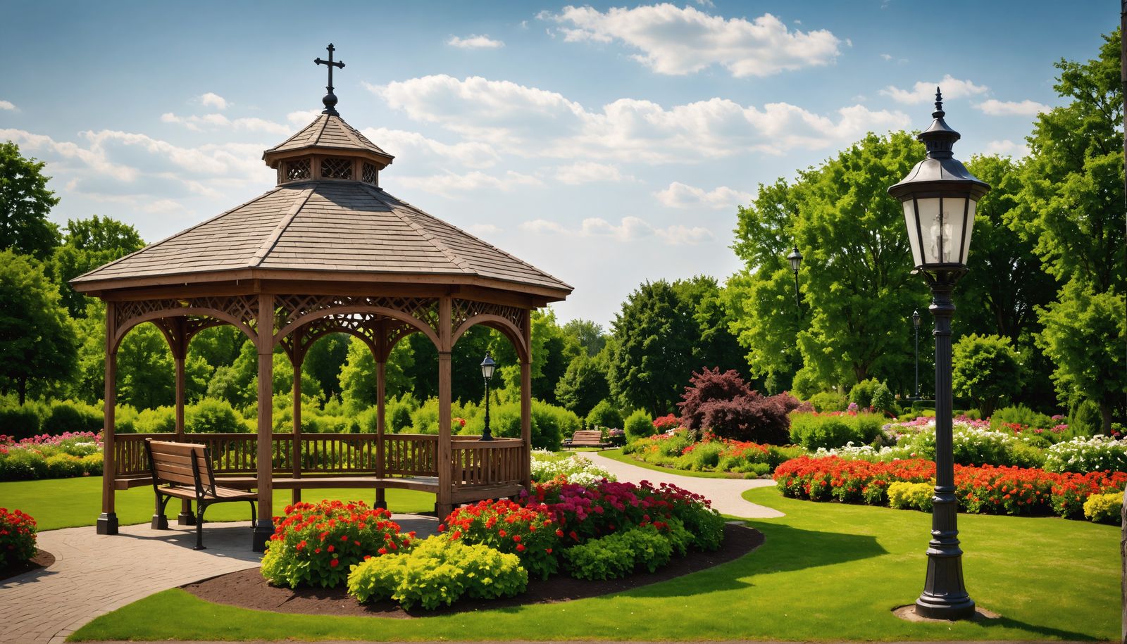 Gazebo with Cross in Flower Garden Park