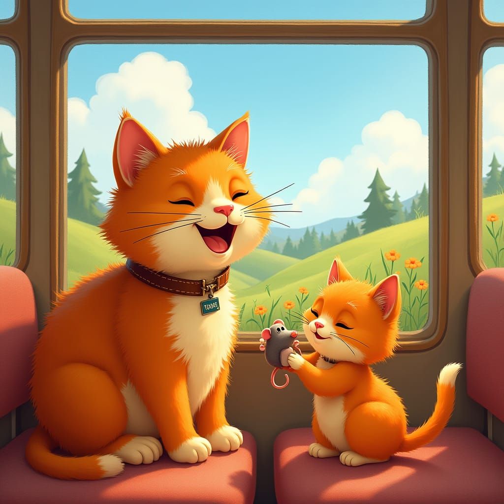 Joyful Cat and Kitten in Sunny Bus