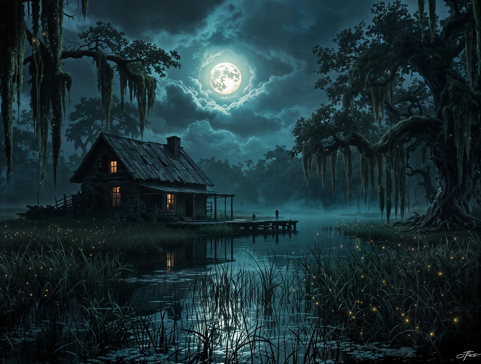 Louisiana Bayou Cabin at Night