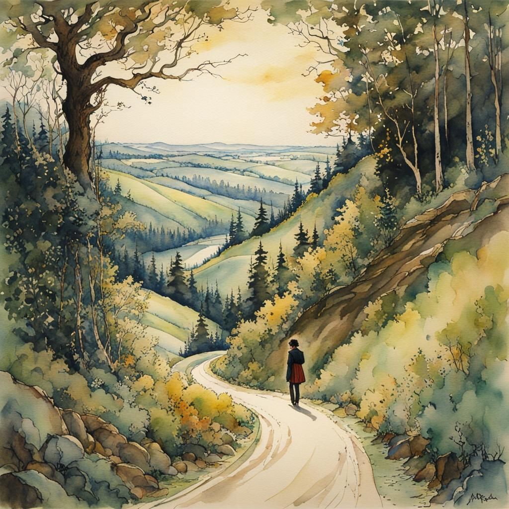 Fairytale Forest Road in Arthur Rackham Style