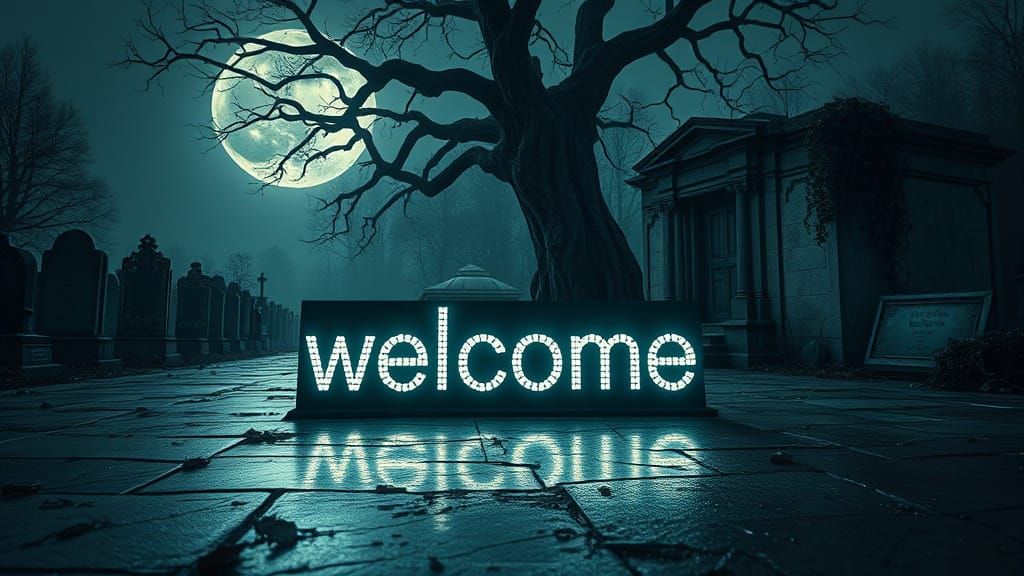 Hyperrealistic Welcome in a Futuristic Cemetery Scene