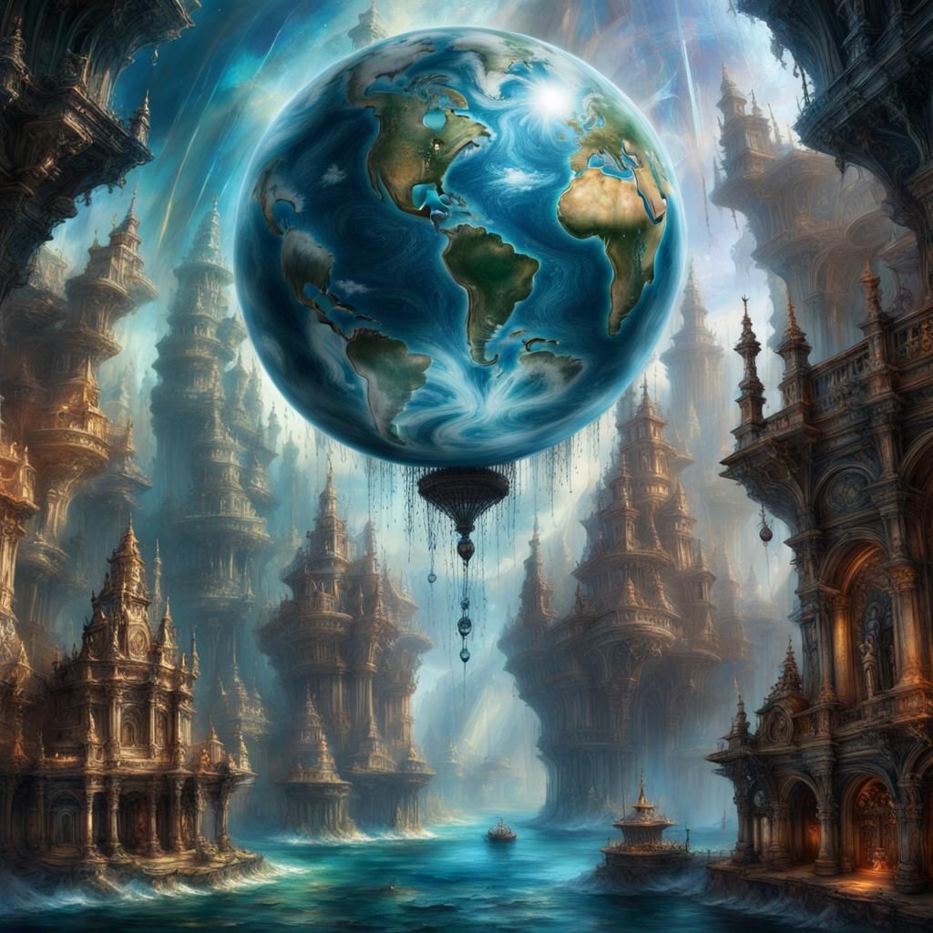 Crystal Earth Globe Floating Above Atlantis