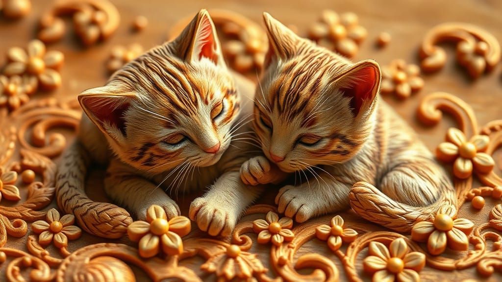 Surreal Miniature Sculpture of Playful Kittens in Wooden Pen...