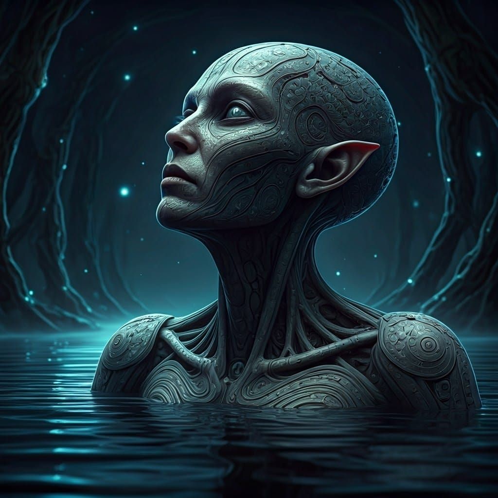 Surreal Gray Alien Sculpture in Neo-Primitivism Style