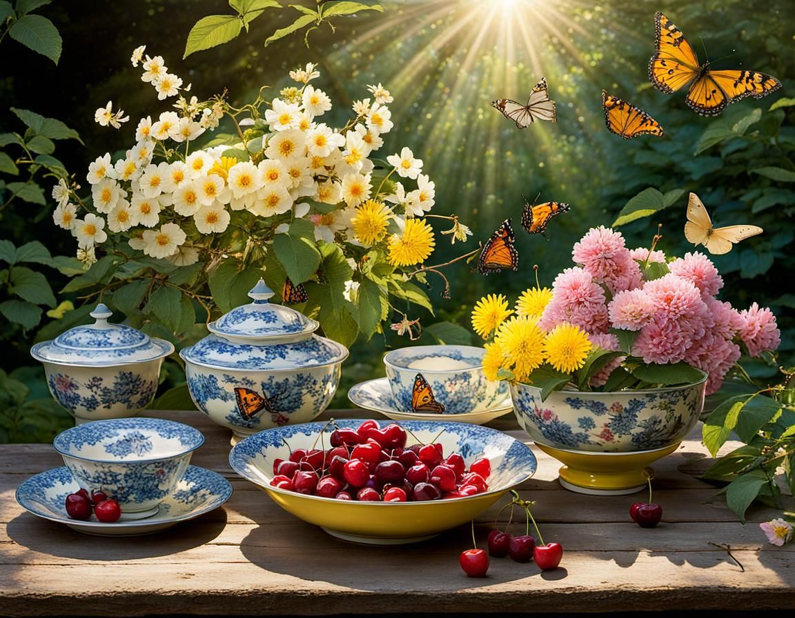 Cherries and Summer Flowers Still Life, Art Brut