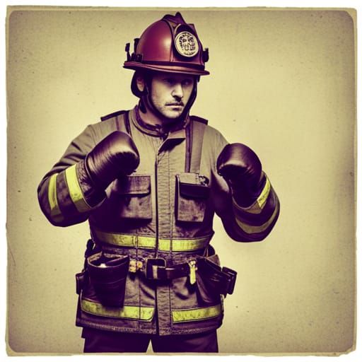Firefighter with Fists of Fire in Vintage Photo
