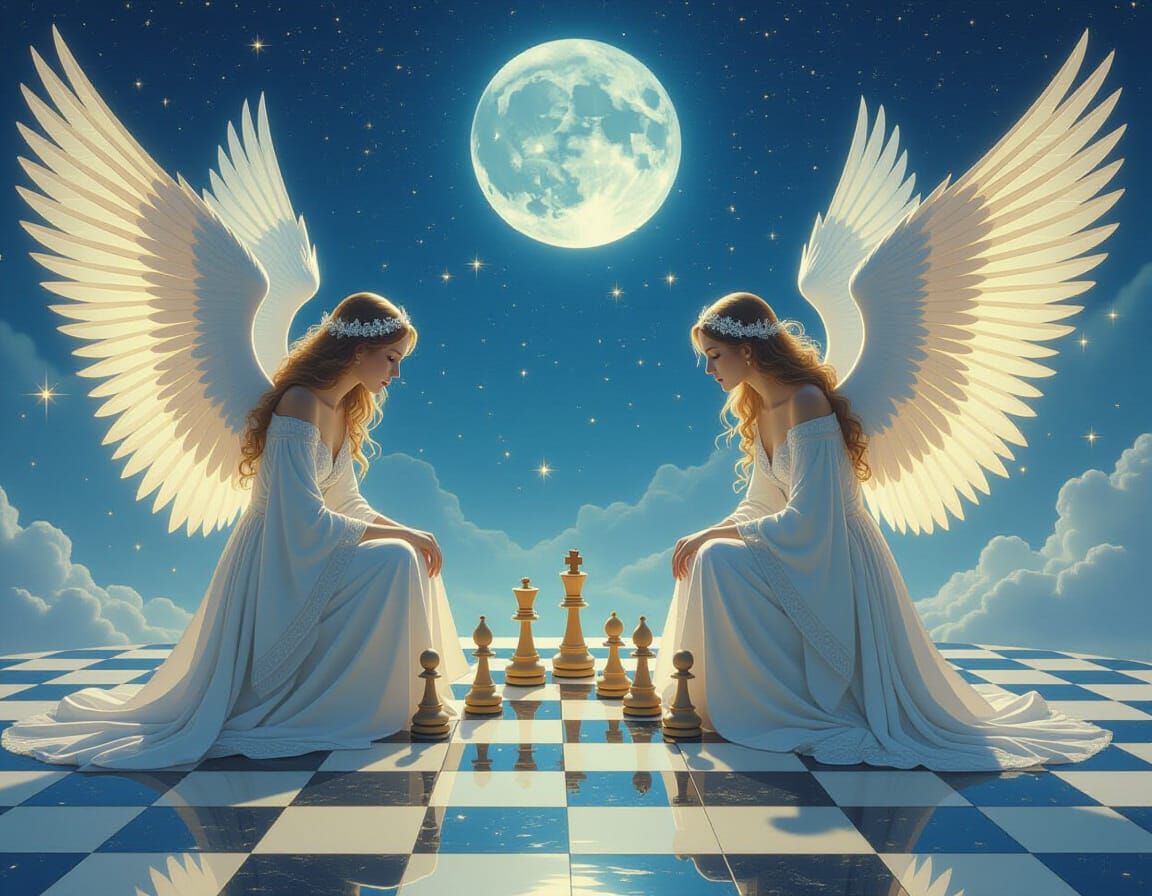 Celestial Angels Play Chess Under Starry Sky