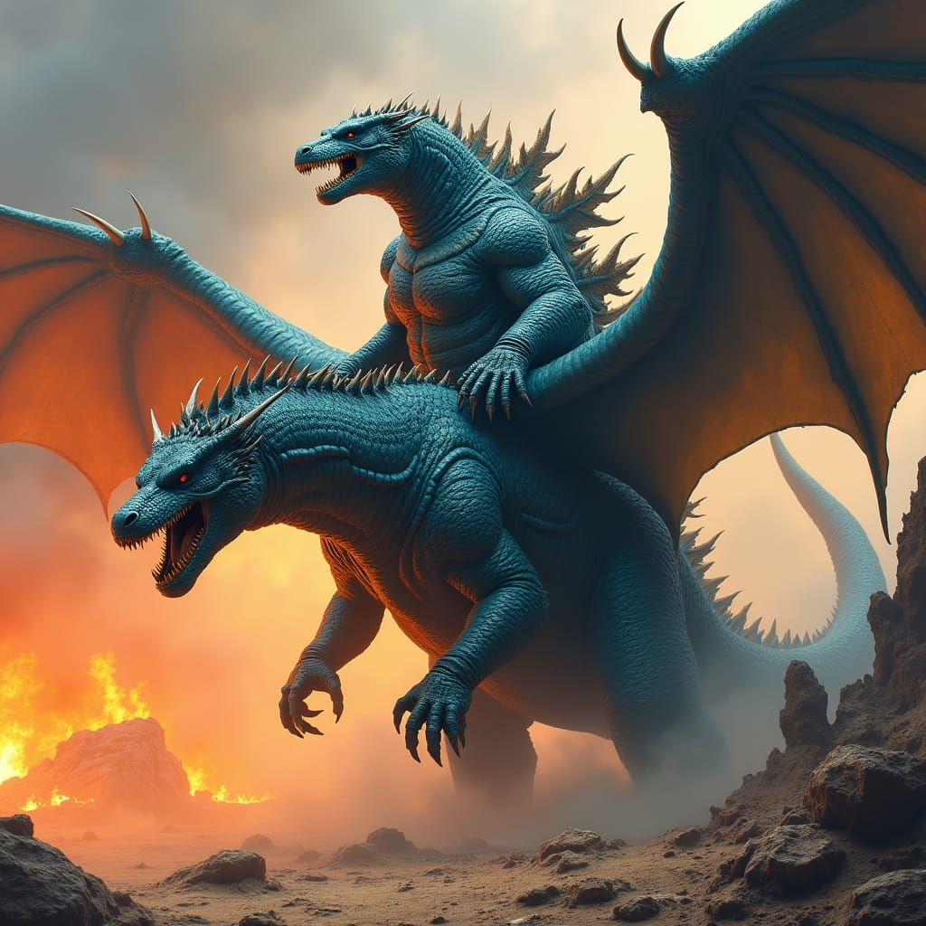 Godzilla Rides a Dragon in Apocalyptic Landscape