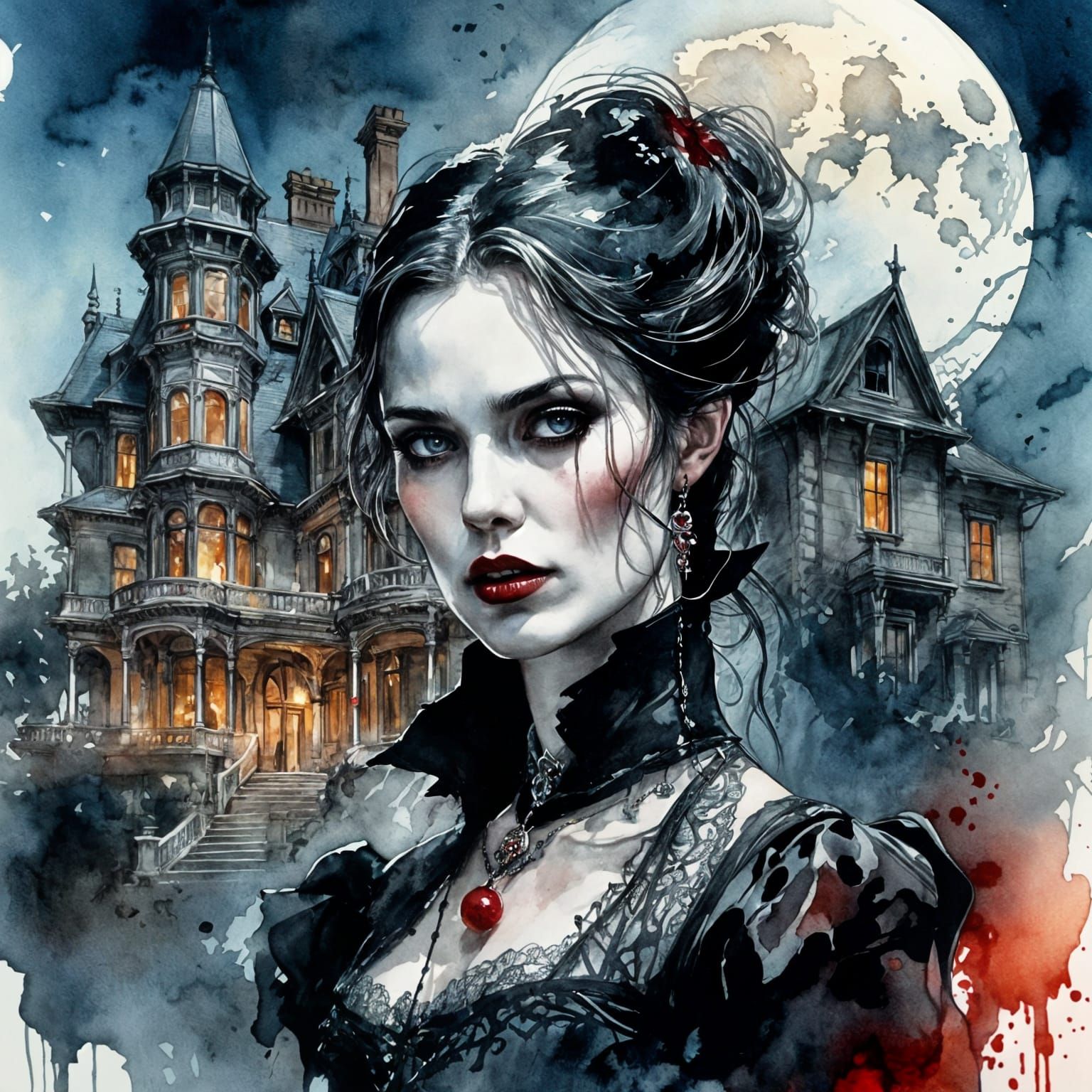 Gothic Victorian Vampire in Watercolor Style