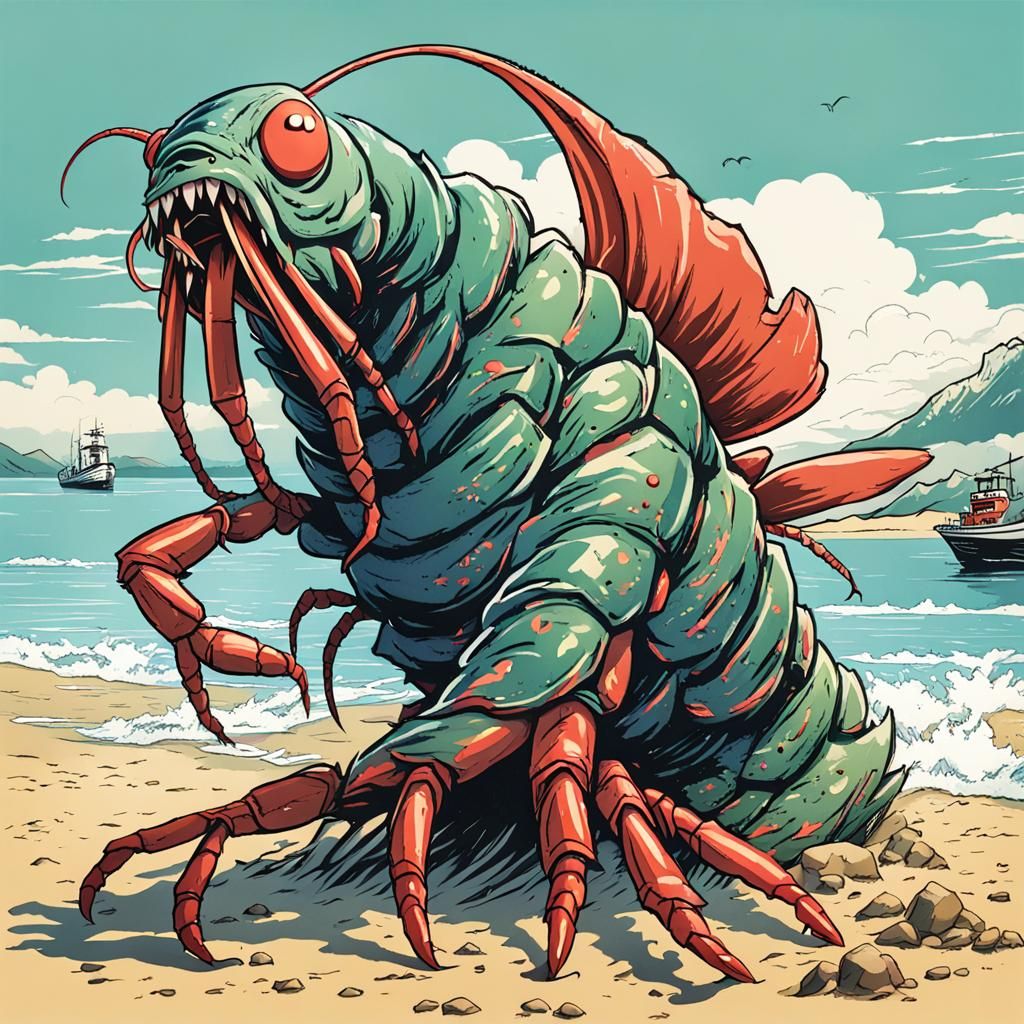 Giant Shrimp Monster Attacks Beach in Anime Style