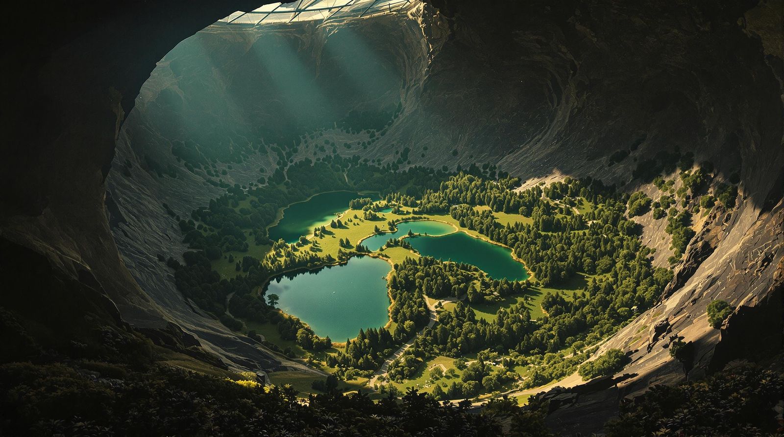 Lush Asteroid Ecosystem in Metal Shell, Cinematic