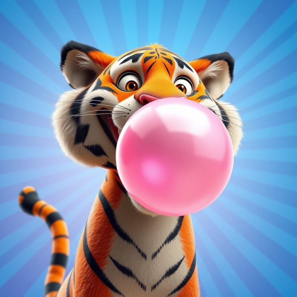 Vibrant Cartoon Tiger Blows Giant Bubblegum Bubble