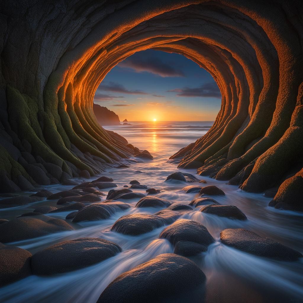 Oregon Coast Sea Tunnel at Sunset