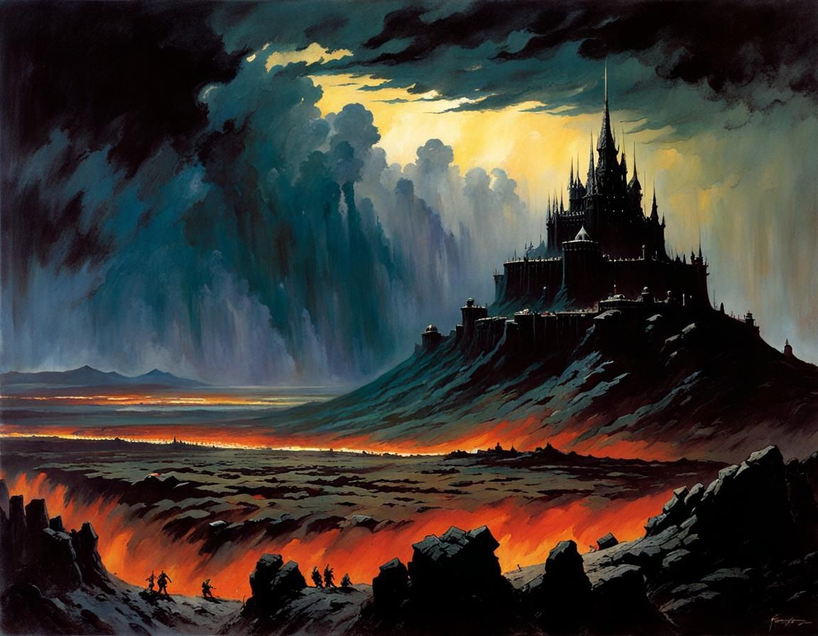 Demonic Fortress in Barren Wasteland: Frazetta Style