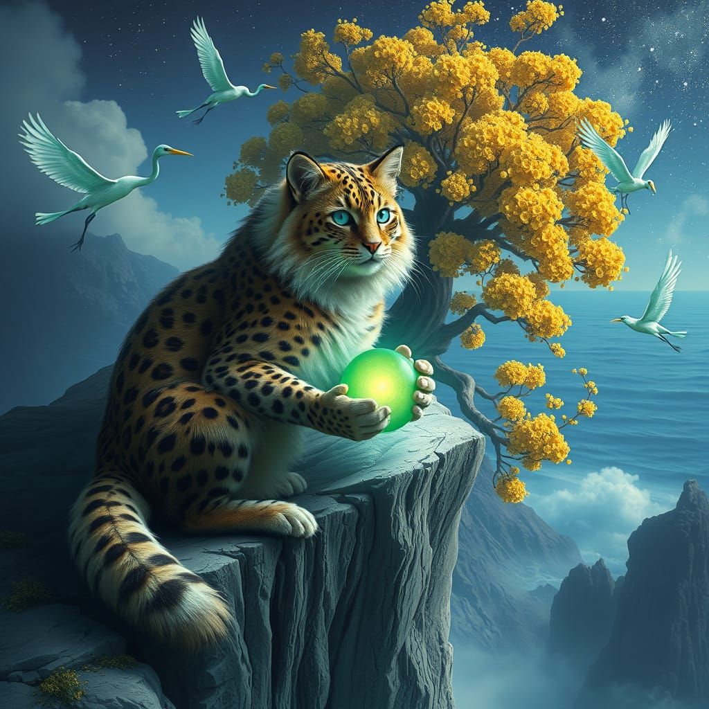 Siberian Cat with Golden Flowers and Glowing Orb