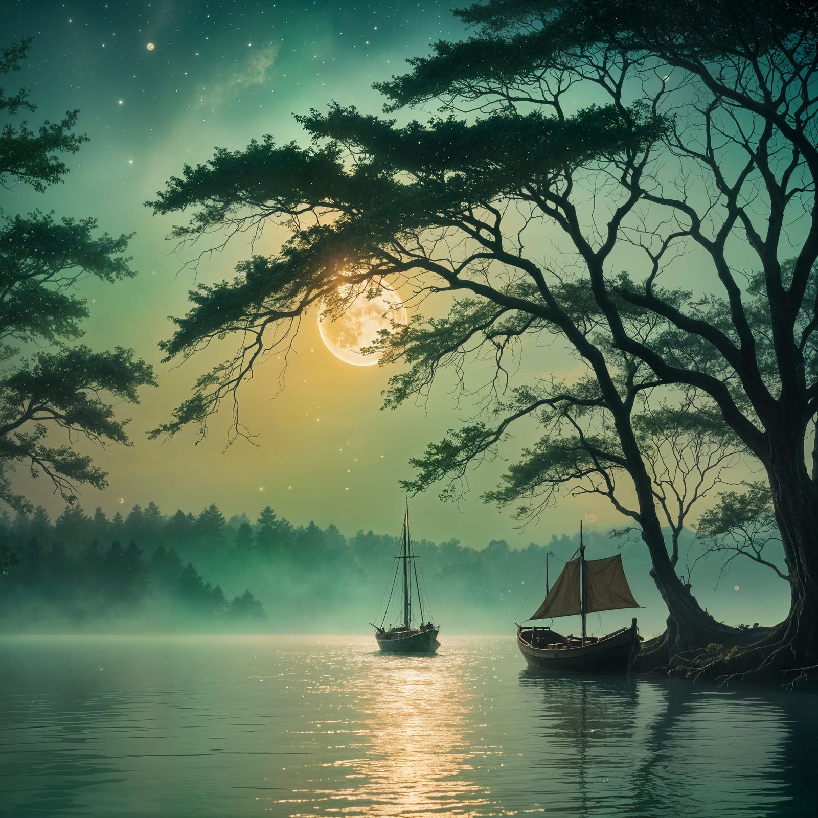 Mystical Boat on Ethereal Ocean in Teal and Gold