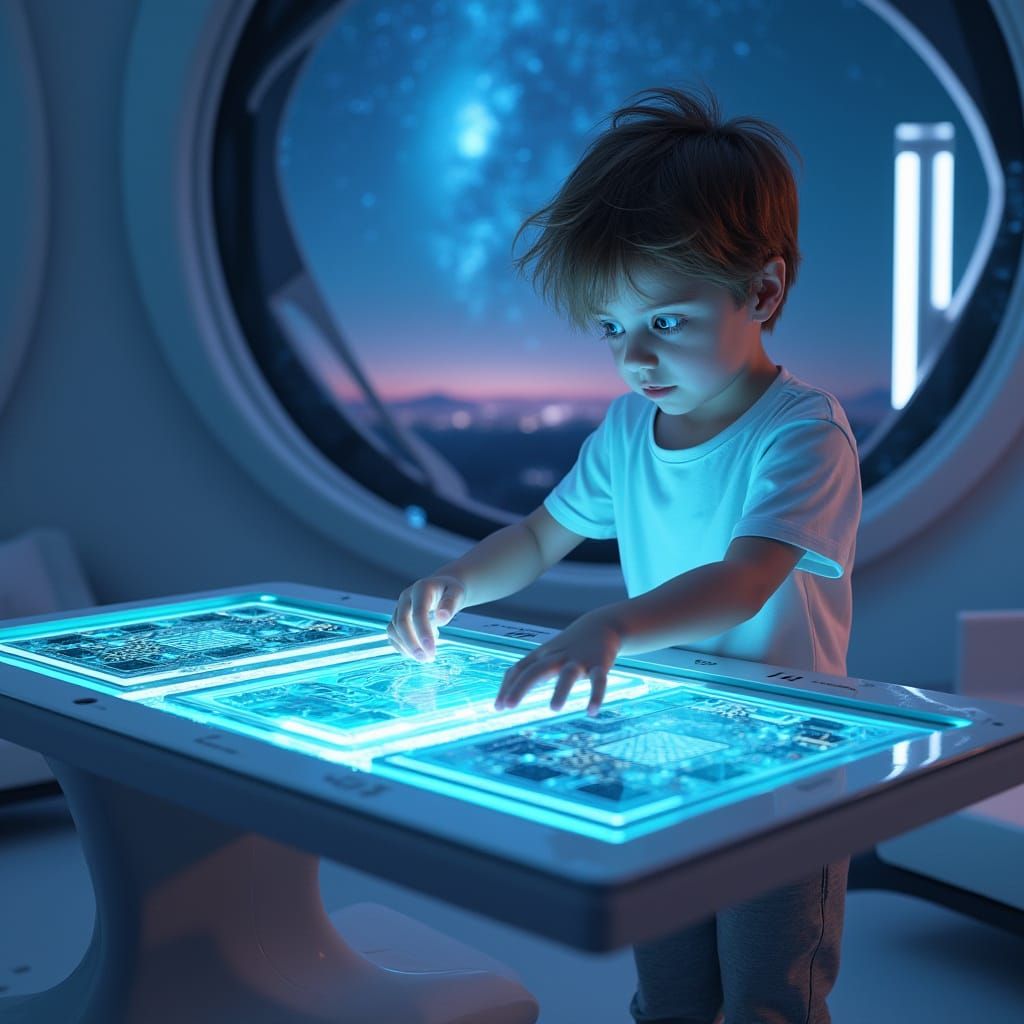 Futuristic Boy Focuses on Holographic Game Board Under Starr...