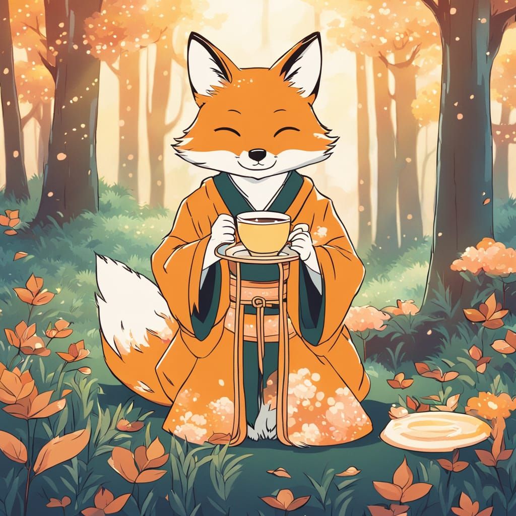 Fox Sipping Tea in Sunny Forest, Anime Style