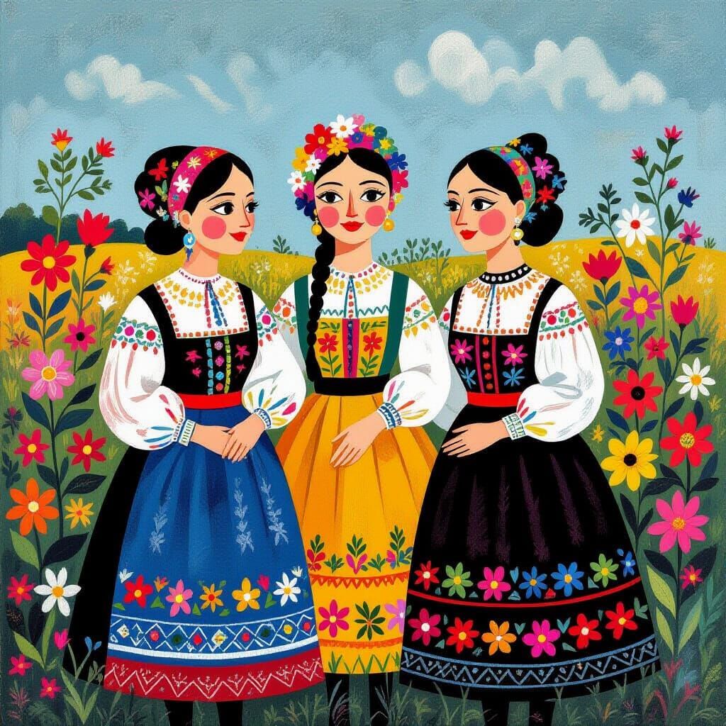 Vibrant Polish Folk Art in Naive Style