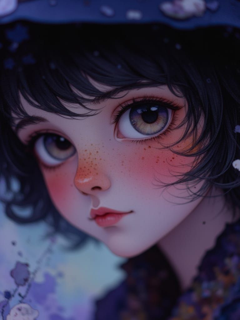 Young Witch Girl Portrait in Art Nouveau Watercolour Style