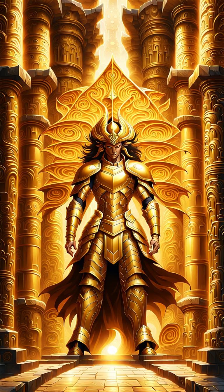 Golden Armored Warrior in Ancient Temple