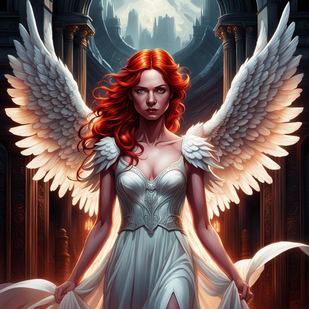 Red-Haired Angel with Wings: Digital Comic Book Art
