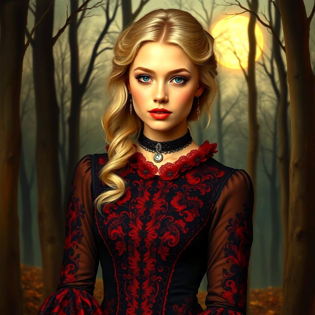 Victorian Woman in Moonlit Forest, Pulp Magazine Style