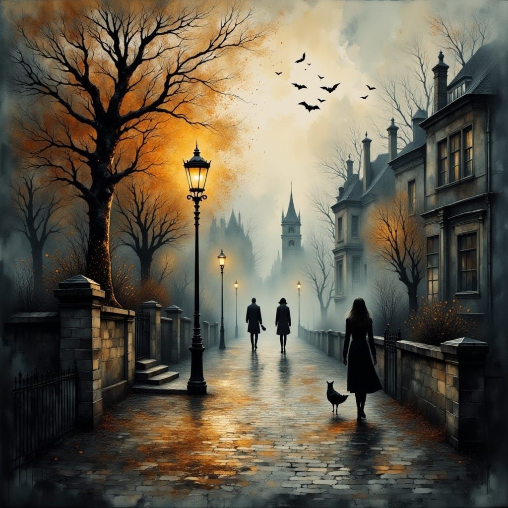 Gothic Autumn Street with Flickering Lamp and Bats