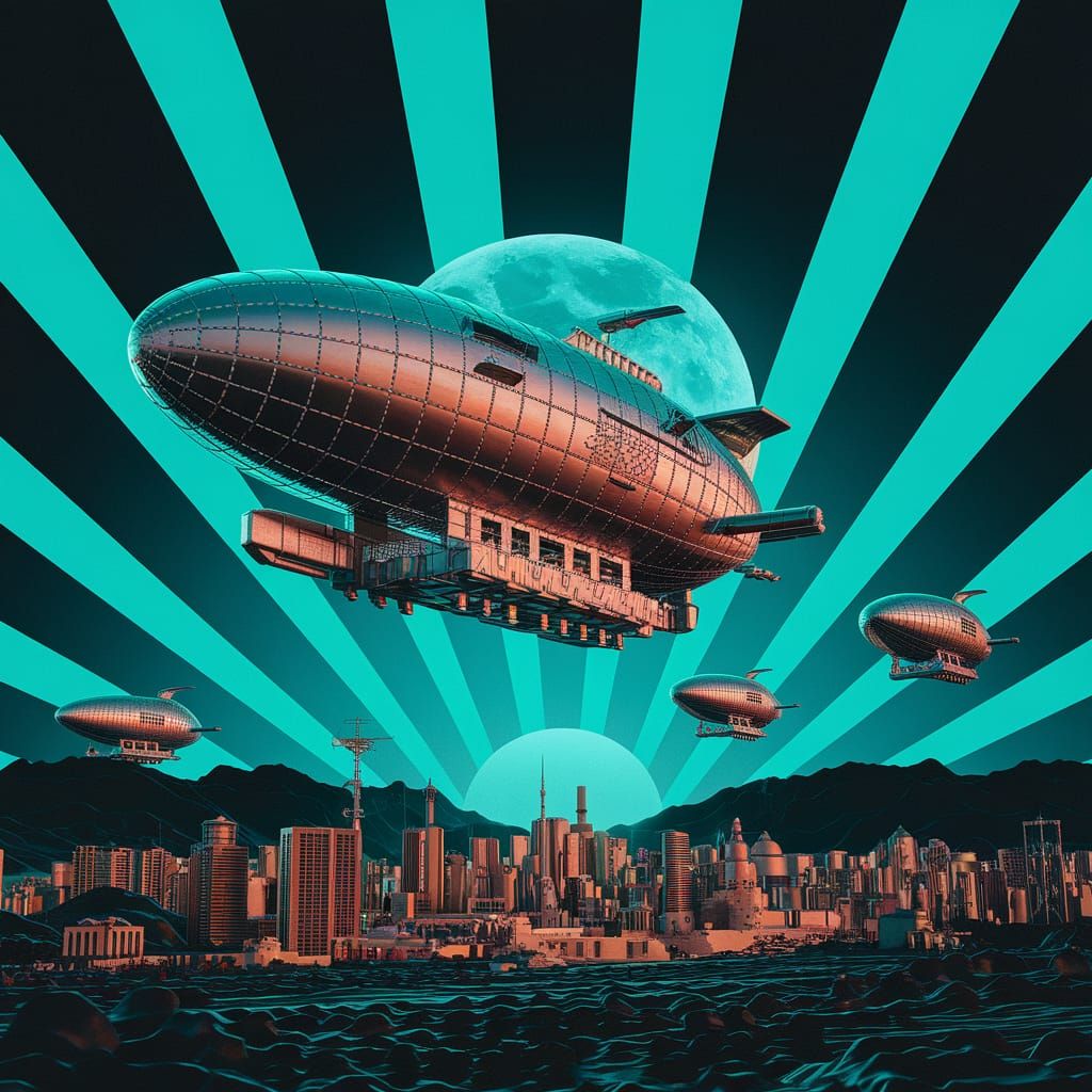 Retro-Futuristic Cityscape with Airships in Gouache Style