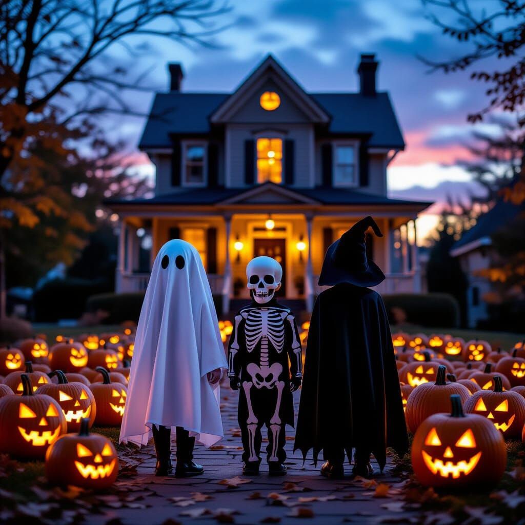 Children in Halloween Costumes Before Spooky Haunted House