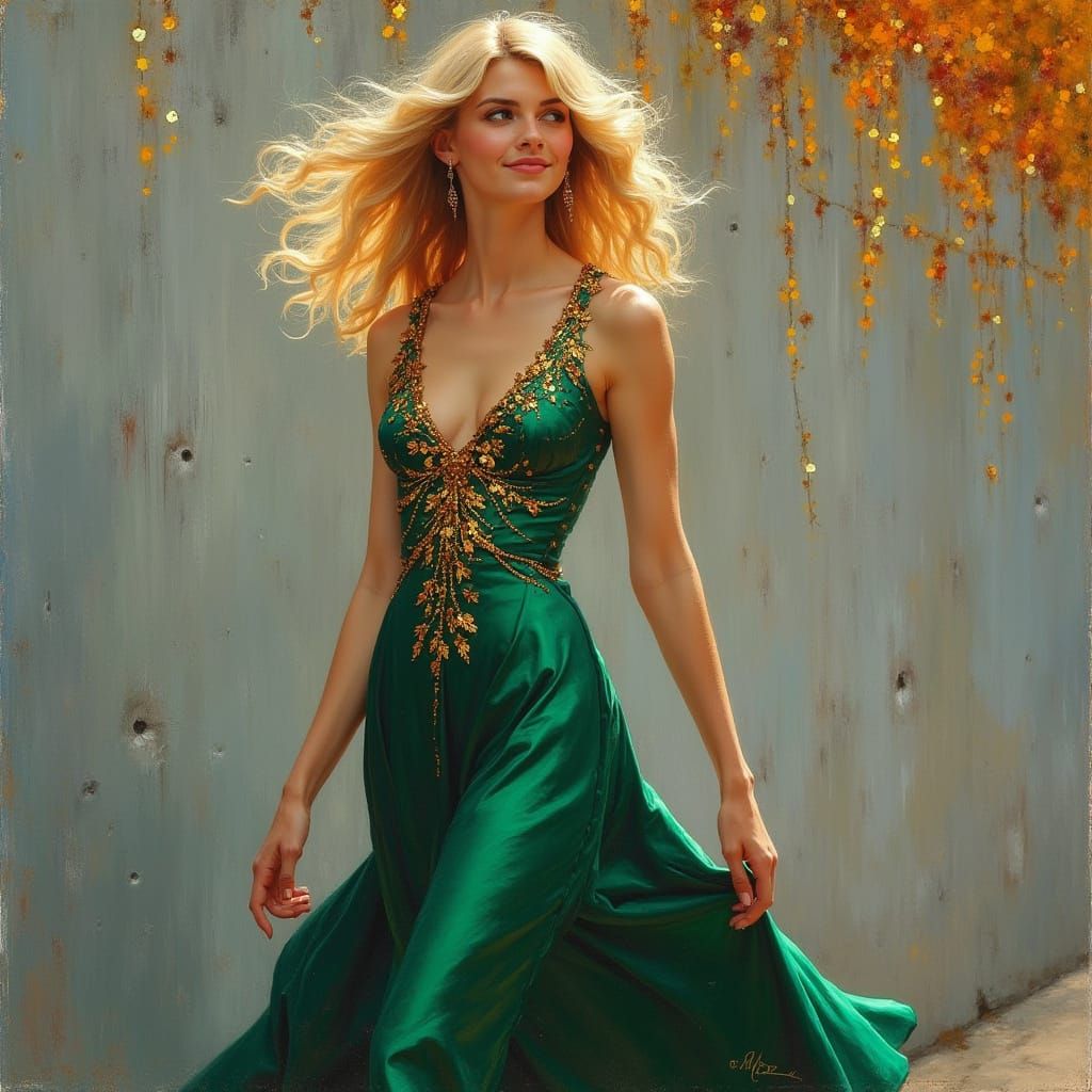 Elegant Woman in Emerald Silk Dress With Autumn Leaves