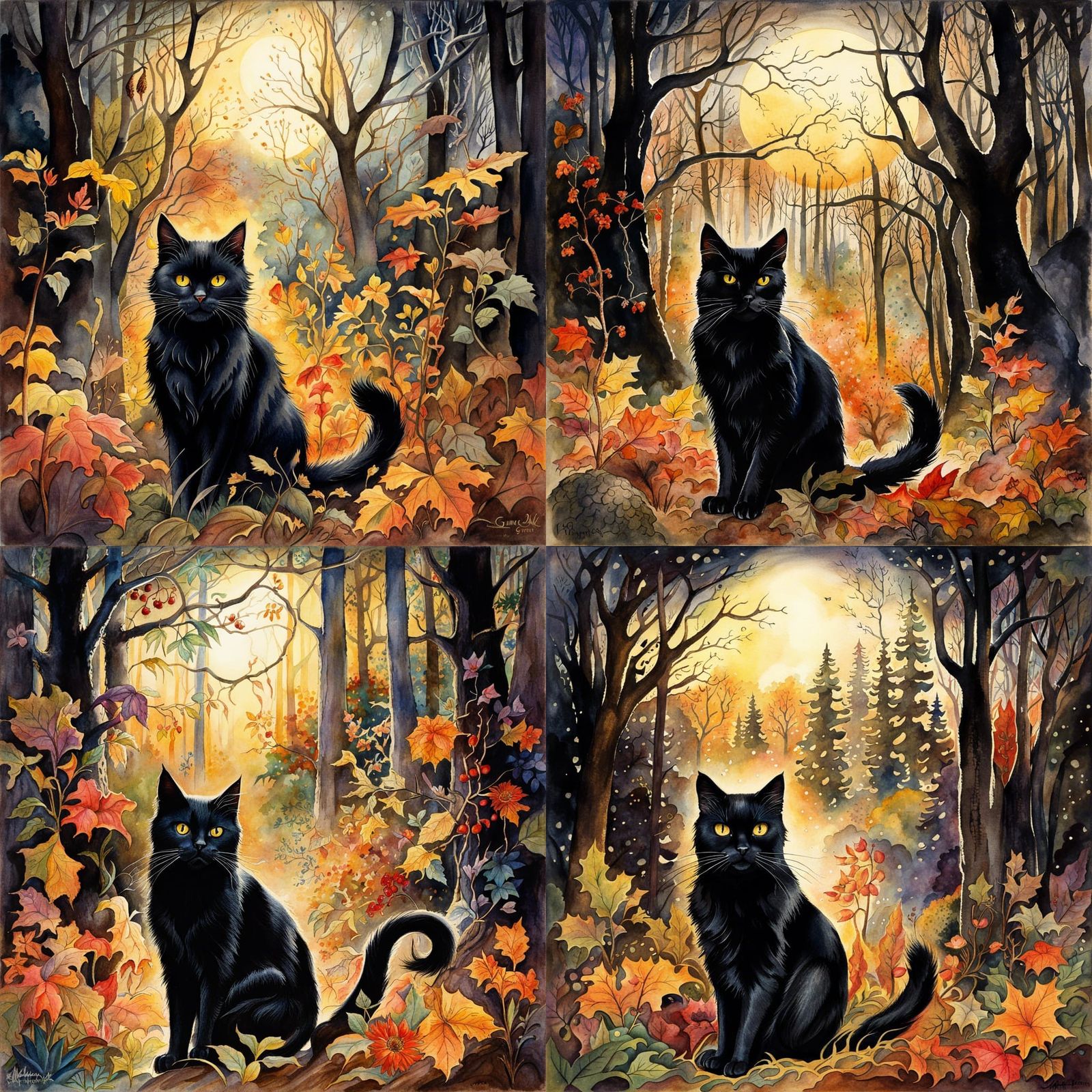Black Cat in Enchanted Forest: Watercolor Illustration