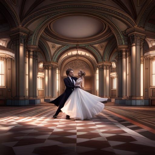 Couple Waltzing in Empty Ballroom: Fantasy Concept Art