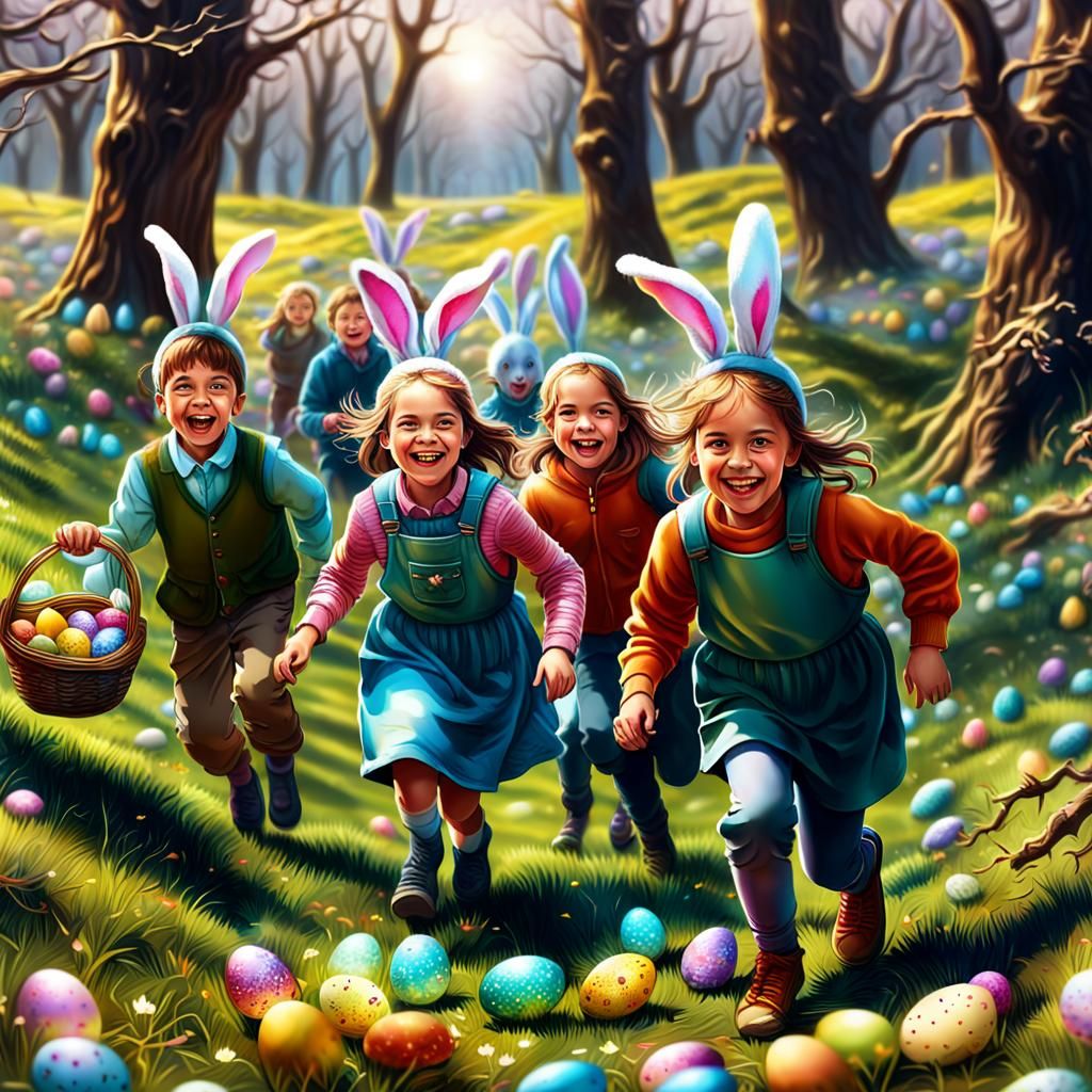 Joyful Children's Easter Egg Hunt: Digital Painting