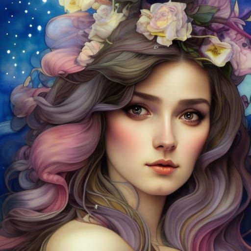 Night Goddess Portrait with Shooting Star Hair