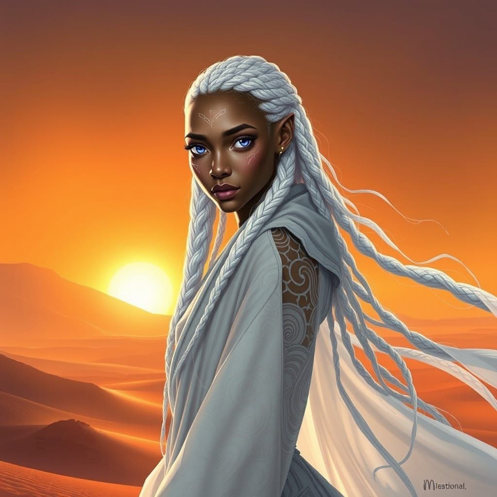 Surreal Biomechanical Goddess in Sunset Desert Landscape