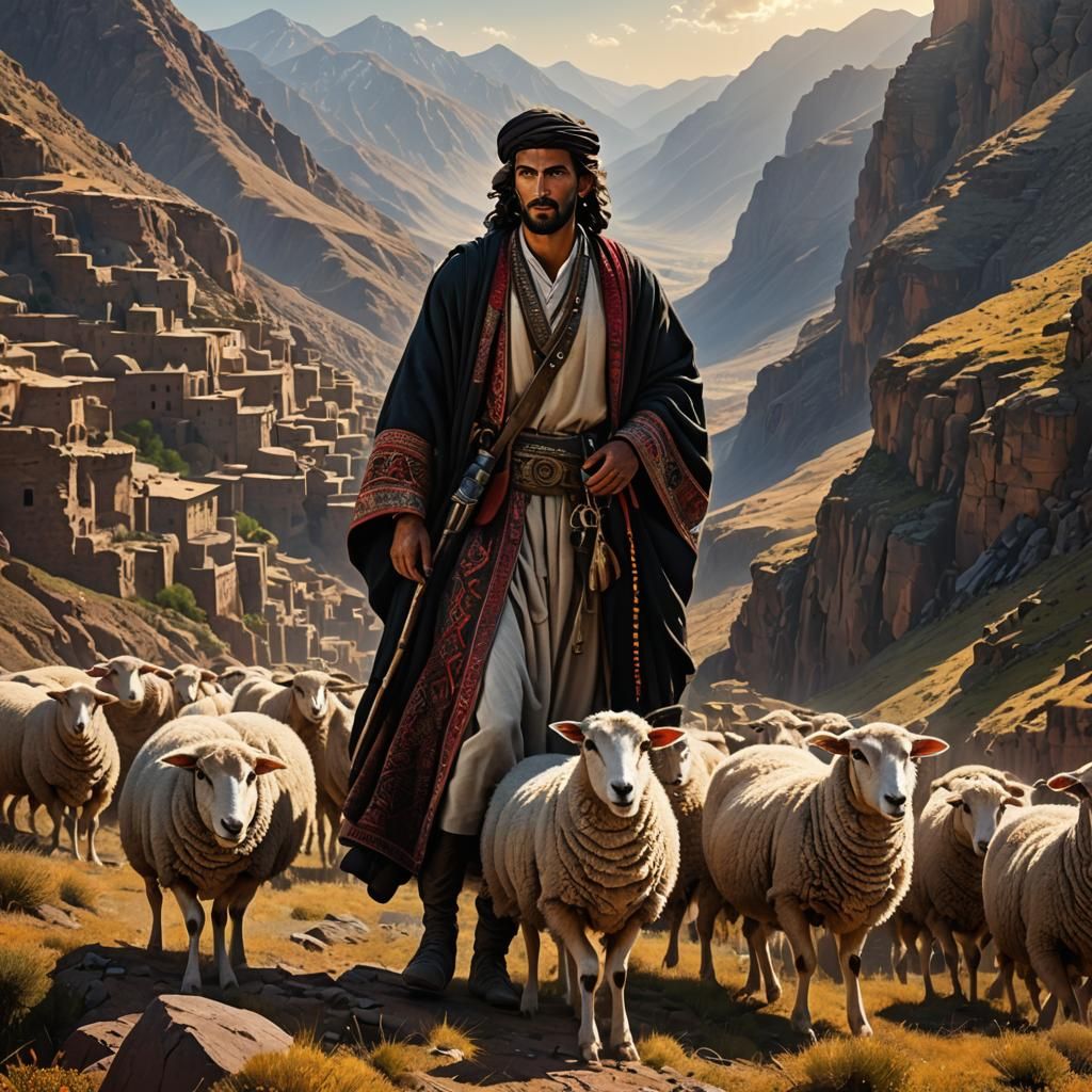 Arab Shepherd in Mountain Ruins: Cinematic Digital Art