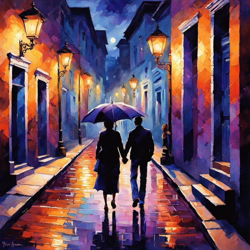 Surreal Moonlit Couple Strolls Under Silvery Street Lamps
