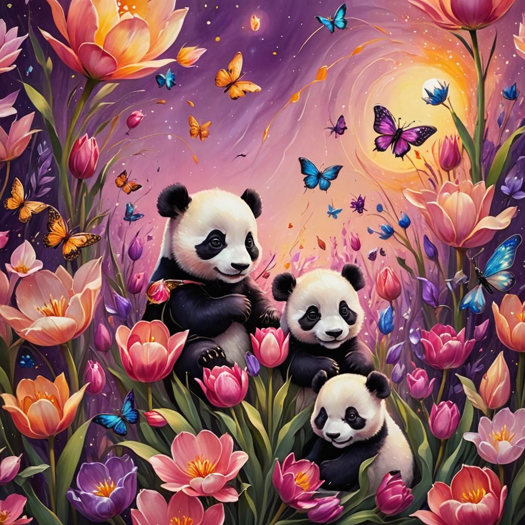 Lumina Tulip with Pandas in Whimsical Oil Painting