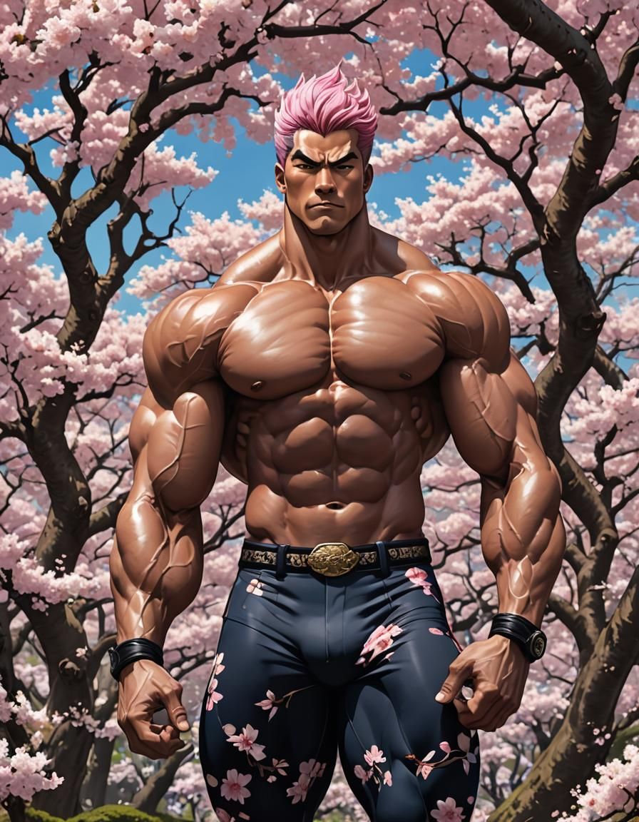 Ukiyo-e Bodybuilder in Cherry Blossom Grove