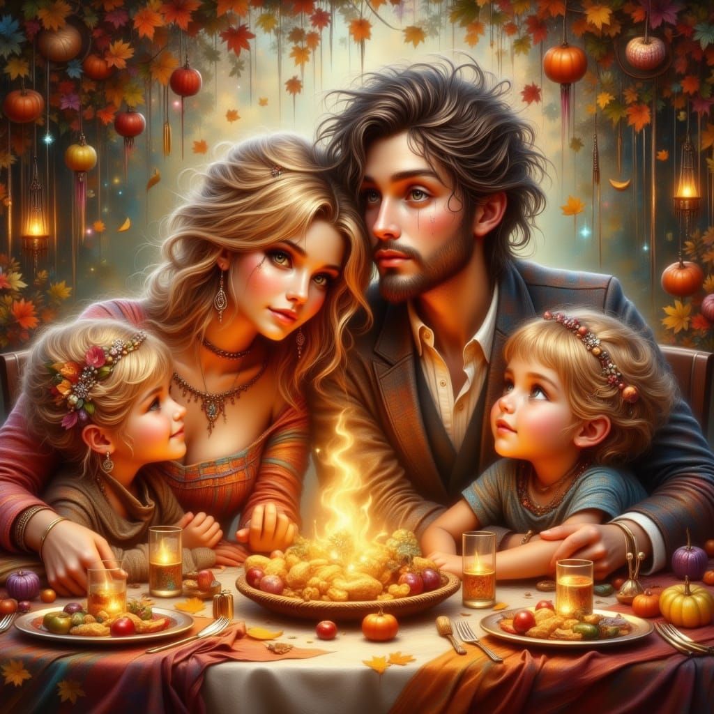 Thanksgiving Family Dinner with Blonde Couple and Children