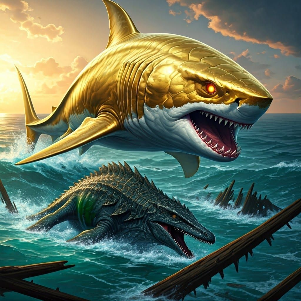 Epic Hyperrealistic Battle of Golden Supermegalodon vs Dooms...